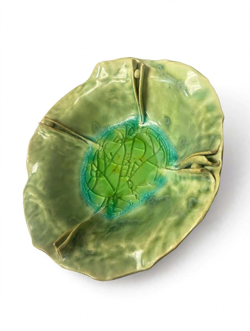 Studio Pottery Cabbage Leaf Bowl Green 5.5" Signed